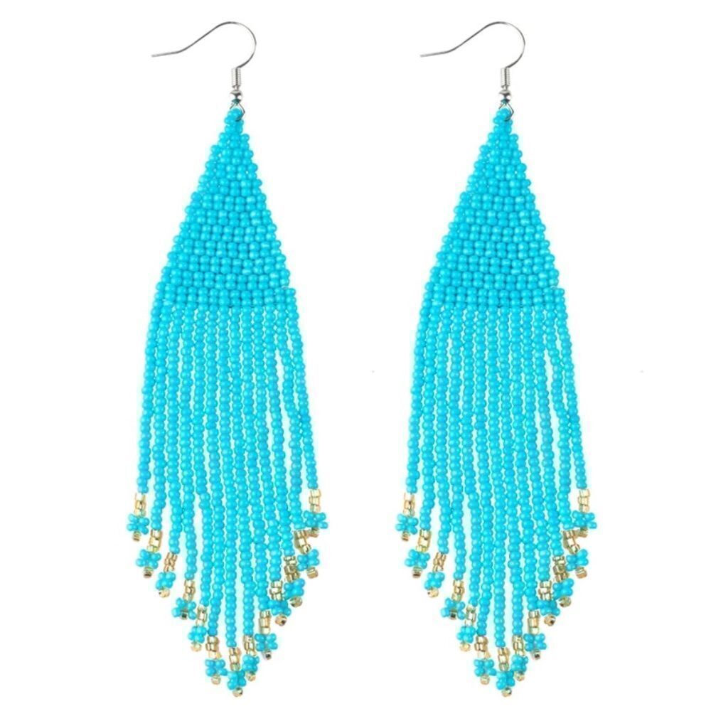 Sky Blue Bohemian Seed Bead Tassel Dangling Statement French Wire Hook Earrings